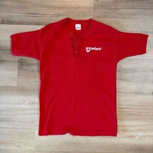 Vintage 80s Snowbird Ski Resort Red Henley Single Stitch Shirt Sz L Alpine Apres